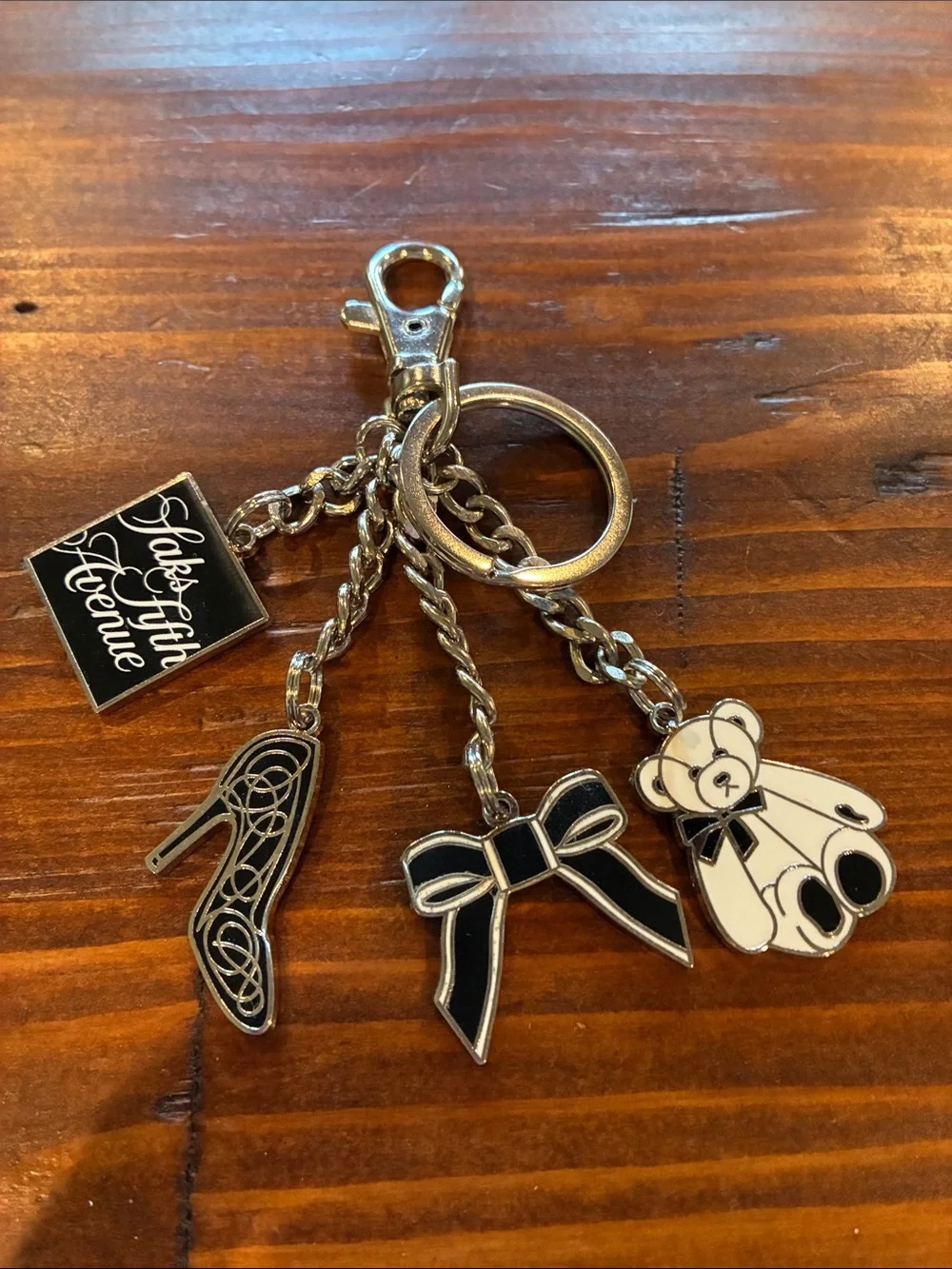 Saks Fifth Avenue Black & White Charm Keychain with Teddy, Bow & Heel